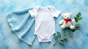 White cotton baby short sleeve bodysuit, toy teddy bear and eucalyptus branch on white ivory blanket throw background. Blank infant onesie mockup template. Top view