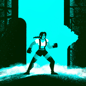 Tifa Lockhart, from Final Fantasy VII, in an intense fighting stance. Dark, digital game environment
