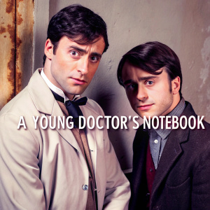 Movie poster for 'A Young Doctor's Notebook' starring Jon Hamm and Daniel Radcliffe. Rustic, aged texture backdrop