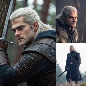 Multiple images showcasing Geralt from The Witcher. Different poses and expressions. Photo style.