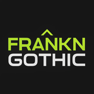 Modern logo design for 'Frankin Gothic'. Bright neon green and white text on a stark black background.
