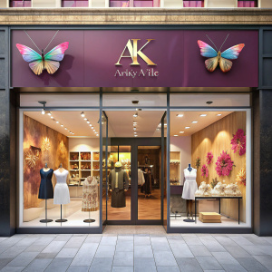 PORTADA PARA UNA TIENDA DE ROPA DONDE MUESTRE CALZADO PRENDAS DE VESTIR  PARA TODA LA FAMILIA Y CON NOMBRE AK VARIETY CHIC Y  TENGA UNA MARIPOSA