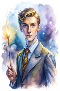 a handsome slender tanned 30-year-old man with short hair, dressed in Hogwarts uniform, holding a magic wand in his right hand