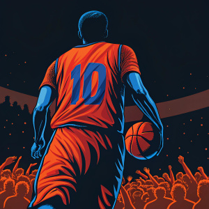 Dario Saric, in a vibrant orange jersey with blue number 10, dribbles the basketball. He's surrounded by enthusiastic fans at a packed arena.