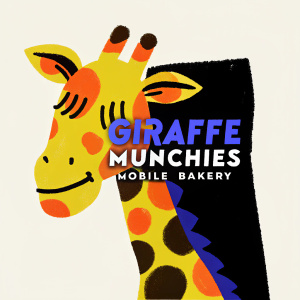 Creative logo design for 'Giraffe Munchies Mobile Bakery'. A cheerful cartoon giraffe on the left side. The purple-colored text 'Giraffe Munchies Mobile Bakery' is displayed prominently, adopting a clean and modern aesthetic with a playful twist.