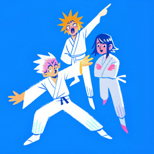 Digital sketch of Bleach characters using simple line-art. Ichigo Kurosaki, Rukia Kuchiki, and Yasutora Sado depicted in dynamic poses. Exaggerated facial expressions and unique hairstyles emphasized. Simple yet detailed line work highlights expressions and movements.