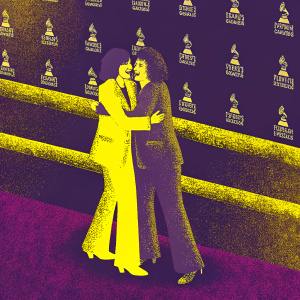 Miley Cyrus in a shimmering ensemble and Lily Tomlin in a bold blazer embrace on the red carpet at the Los Angeles LGBT Center event. Surrounding logos of sponsors like Wells Fargo are visible.