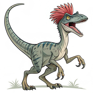 Cartoon illustration of Dilophosaurus, dinosaur from Jurassic period. Long neck, sharp grin, special crest. Dynamic pose. Stylized line drawing.