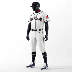 Digital illustration showcasing a futuristic take on the Cleveland Spiders baseball uniform. Featuring a sleek, white jersey with black accents and the team's emblem. Styled with a black cap and minimalist black and white socks. Set against a clean, white background.