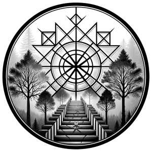 vegvisir runes geometric symbol - stairs and trees - tattoo design - perfect realistic art - high-definition - grey and black - white background 