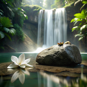 stone on the background of a waterfall in the jungle, a picturesque place, white magnolias on the water, realistic photo