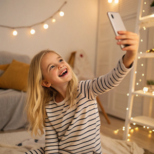 A blonde girl in a striped shirt takes a playful selfie indoors, surrounded by soft, ambient lighting.