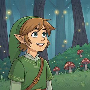 Digital illustration of Link from Legend of Zelda, smiling, brown hair, green tunic, cartoon style, detailed facial features, background is a fantasy forest scene.