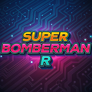 Digital artwork featuring the Super Bomberman R logo in neon colors against a high-tech circuit pattern. Bold and dynamic style.