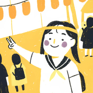 Illustration of Rin Nohara, character from Naruto series. Wearing a casual school uniform with a headband. Her face has a friendly expression. Purple paint marks on her cheeks. Gesturing positively in a bustling marketplace scene.