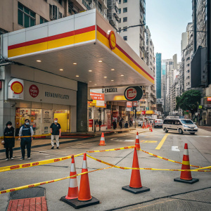 Entrance of a Shell gas station in a bustling Hong Kong neighborhood sealed off with orange cones and caution tape.
