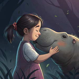 A young Asian girl with a ponytail, hugging a friendly, snout-like creature. The creature has a large, flexible snout and detailed texture. The background is dark with abstract shapes.