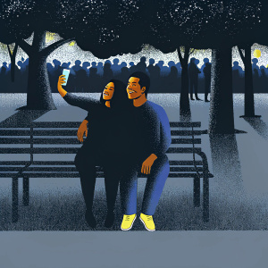 Paula Patton and Mario Lopez taking a selfie on a park bench amidst a bustling crowd. Both wearing casual outfits, smiling happily