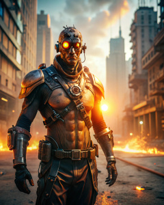 manifestly Vital mystical post apocalyptic cyborg, 3D render, by Abdullah Gërguri, urban fantasy romance, dry hot summer, with light and shadow, Illuminated

