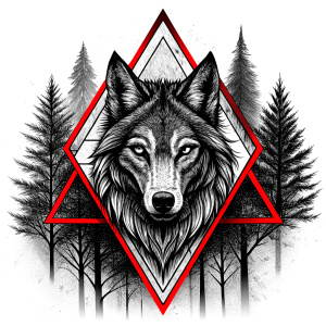 valknut runes pattern geometric symbols - wolf and trees - tattoo design - perfect realistic art - high-definition - grey and black - white background 