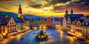 A market square in an old Victorian town. Late evening.