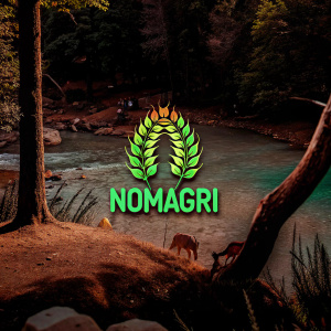 Creative eco-conscious logo for Nomagri. Incorporating vibrant green and earthy tones. Surrounding backdrop depicts a lush, vibrant forest, complete with wildlife and natural elements.