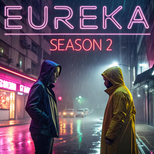 DVD cover for 'Eureka' Season 2. Dark, urban setting with neon lights, rain, and characters in raincoats.