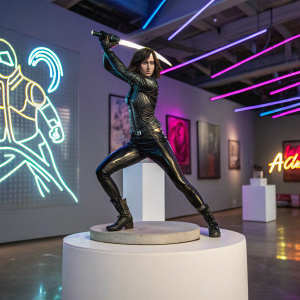 A majestic statue of Alita Battle Angel, in a dynamic fighting stance, standing atop a gleaming white pedestal in a modern art gallery. Surrounded by vibrant neon lights and abstract art pieces, the figure's agile form and fierce expression command attention.
