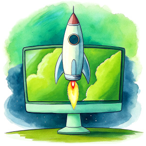 Imagine a Rocket going out from an Imac Desktop screen