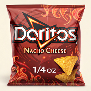 Individual-sized Doritos bag featuring Nacho Cheese flavor. Red design with flame-like graphics. Sealed packaging. 1/4 oz net weight.