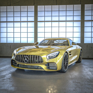 Mercedes AMG GT-R, shining in a vibrant shade of yellow, captured in a sleek 3D render. The car stands out against a minimalist dark backdrop with intense spotlight effects.