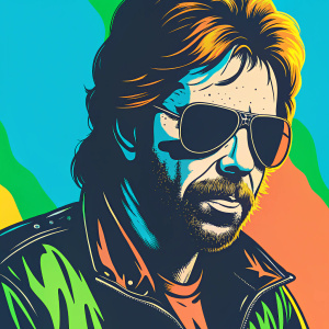 Simplified black and white illustration of Chuck Norris. Emphasizing facial contours and shapes, wearing sunglasses