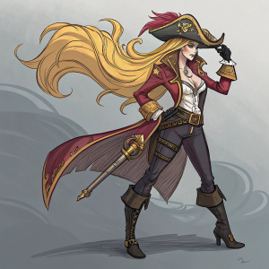 Miss Fortune from Shadow Isles, fierce expression, long blonde hair, pirate outfit. Dynamic sketch-like illustration with vibrant colors. Focus on Miss Fortune, gray background
