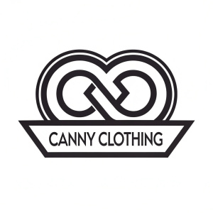 Logo design for Canny Clothing. Features abstract shapes intertwined, resembling brand name. Contemporary font beneath stark white background.