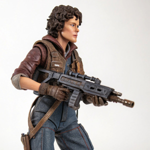 Action figure of Ellen Ripley from Alien franchise. Detailed weapon and clothing. Futuristic gun and rugged attire. Ready stance, serious expression. Photo.