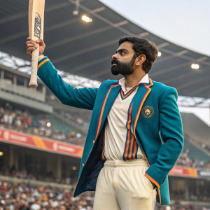 Virat Kohli, in a vibrant color photograph, posing with a cricket bat. Background shows a stadium crowd.