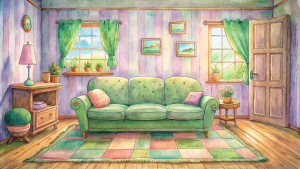 crayon kids anime ghibli  cottagecore dreamcore messy retro living room couch