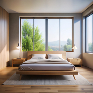 modern bed side view, clean  empty background window side front