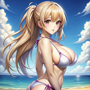 Una chica anime española con tetas y con un gran culo con un bañador y que este de lado
