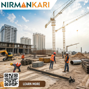 Promotional poster for 'Nirmankari'. Construction site with tools and machinery. QR code and email address for contact information.