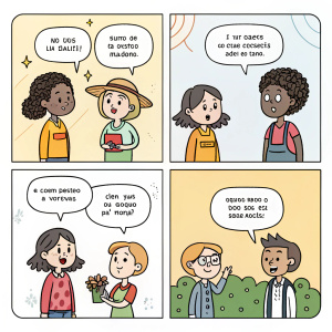 Comic strip featuring a diverse group of stick figure characters. Conversations in speech bubbles using Spanish text. Each panel contains unique interactions and settings.