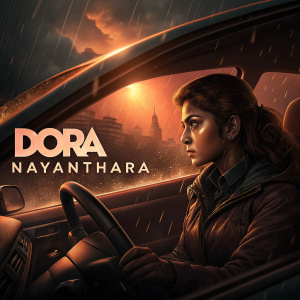 Promotional poster for Dora. Nayanthara, driving a car, dramatic and intense atmosphere, colors predominantly dark with warm orange toned lighting, text in mix of languages including English and Hindi.
