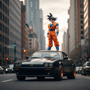 High-definition image of Goku, Dragon Ball character, positioned on top of a sleek sedan. Goku stands confidently in his signature fighting pose. The car is painted in a matte black color. Goku is rendered with vibrant colors and fine details. Surrounding backdrop showcases a cityscape.