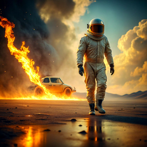 Generate an ultra realistic image on an astronaut wearing his space suit burning from back side, walking on the surface of Mars planet and a car burning beside him. Ultra realistic, highly detailed hyper realism, shot of Sony a7III, photorealism mode, dynamic movement, soft golden light, cascading glow, highlights features, capture the contrast, aesthetic magical realism, Hollywood like dark theme