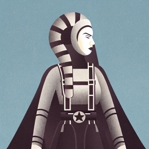 A detailed black and white illustration of a Twi'lek female from Star Wars universe. Wearing intricate outfit with multiple straps and gear, set against a blank background.