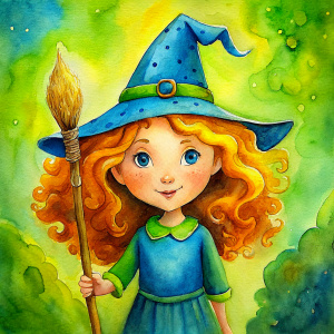 cute little witch red curly hair, holding a broom