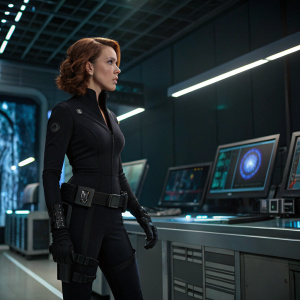 Natasha Romanoff, also known as Black Widow, in a high-tech lab. Wearing a black suit, holding a high-tech device. She stands confidently with a serious look.