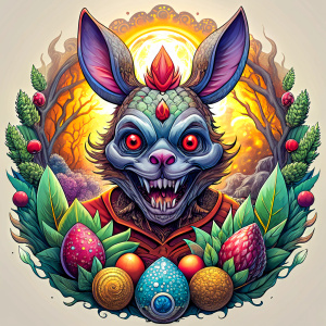 devil crazy bunny, tshirt design, excellent tattoo logo, easter, 32K, super clear quality, transparent quality, visual films, radiance around, eggs, stones, flight, White Background