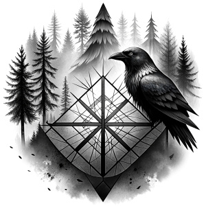 vegvisir geometric symbol - raven and trees - tattoo design - perfect realistic art - high-definition - grey and black - white background 