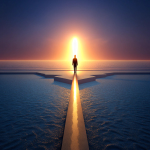 A lone figure standing at a crossroads, with one path leading to a radiant, self-assured version of themselves, and the other path leading to a shadowy, fragmented reflection